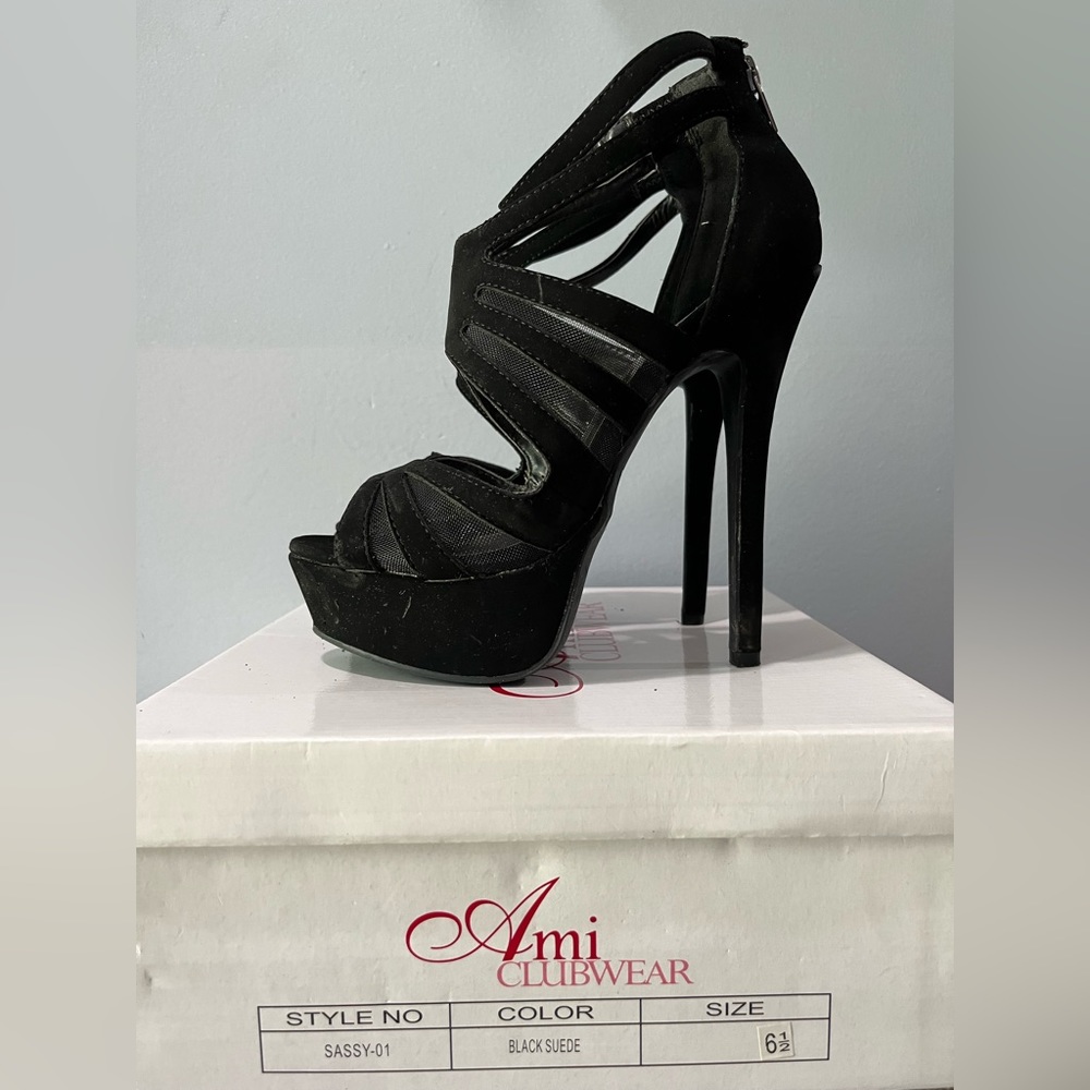 Ami Clubwear Black Suede Sheer Caged Heels